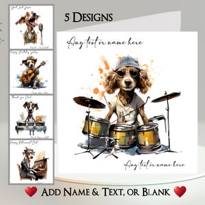 Carte Rockin' Dog : ajoutez votre texte et votre nom ~ message intérieur ~ chien, basse, guitare, batterie, chanteur, piano, clavier, rocker, musique, instrument, rock