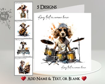 Rockin' Dog Card: Add Your Text + Name ~ Inside Message ~ Dog, Bass, Guitar, Drums, Singer, Piano, Keyboard, Rocker, Music, Instrument, Rock