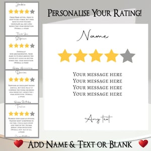 Carte d'évaluation 4 étoiles : ajoutez votre texte, votre nom, votre évaluation et un message interne. Amusant : 4 étoiles, avis, classement, évaluation, humour, humour