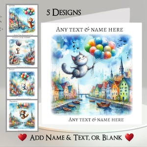 Kattenkaart: tekst en naam toevoegen ~ 5 ontwerpen om uit te kiezen ~ binnenbericht ~ Drijvende kat kat met ballonnen, dorp, stad, rivier, ballon