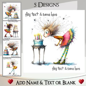 Tarjeta de cumpleaños para niña: agrega tu texto + nombre, mensaje interior, 5 diseños, pastel de cumpleaños, niña, mujer, velas, dama extravagante y caprichosa, dibujo