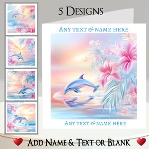 Biglietto d'auguri "Dolphin Beach": aggiungi il tuo testo e nome, messaggio all'interno, 5 design. Tropicale, Sole, Mare, Oceano, Orchidea, Fiori, Palma, Pastello, Tramonto
