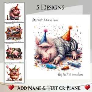 Carte Party cochon : ajoutez votre nom + texte, message à l'intérieur, 5 modèles. Chapeau de fête, Boisson, Alcool, Animaux de la ferme, Insolite, Mignon, Drôle