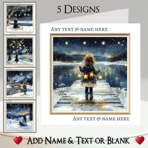 Cartão de Natal: Adicione seu texto + nome, mensagem interna, 5 designs, menina, estrelas, luzes de Natal, decorações, neve, lago, cidade, filha