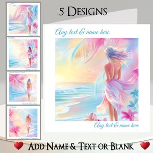 Tarjeta de Mujer de Playa: Añade tu texto + nombre, mensaje interior, 5 diseños. Chica tropical, sol, mar, arena, océano, orquídea, flores, palmera.