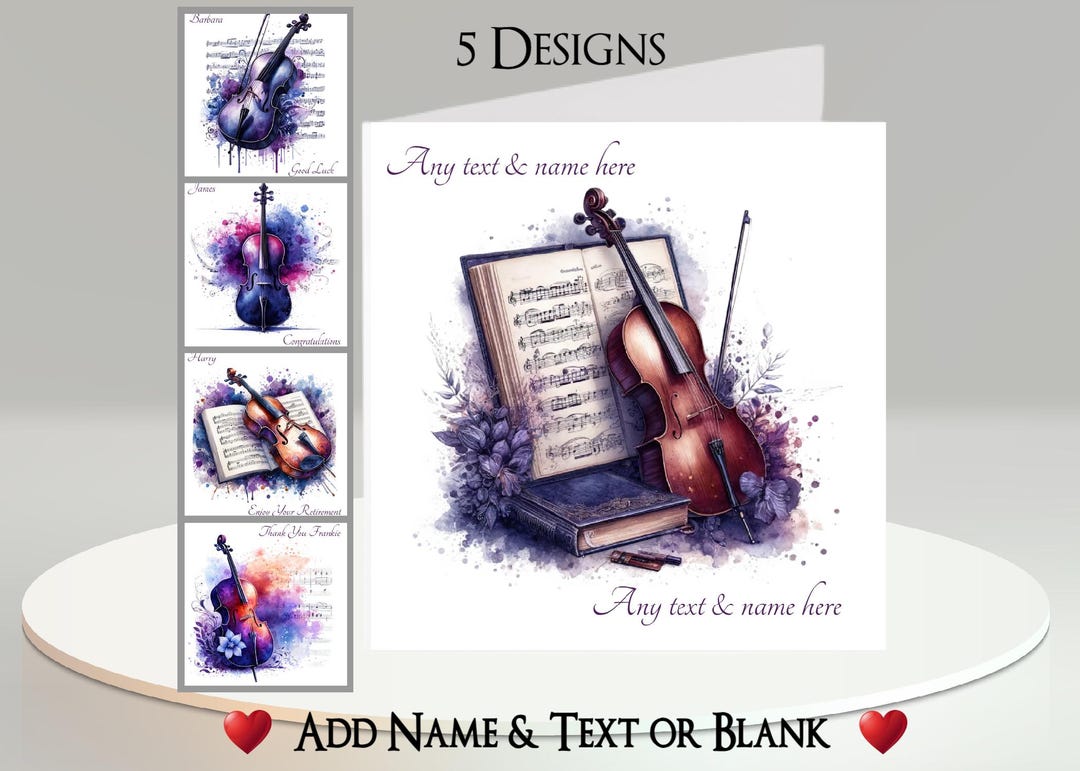 Violin Card: Add Your Text + Name, Inside Message, or Blank. 5