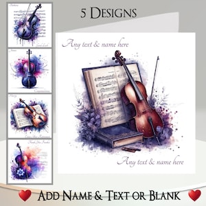 Biglietto di auguri per violino: aggiungi il tuo testo + nome ~ Messaggio interno ~ Violinista, Strumento a corda, Musicista, Musica, Recital, Concerto, Pentagramma, Spartito