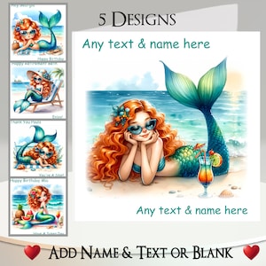 Carte sirène : ajoutez votre texte et votre nom ~ 5 modèles au choix ~ message à l'intérieur ~ sirène, plage, cocktail, livre, transat, vacances, vacances