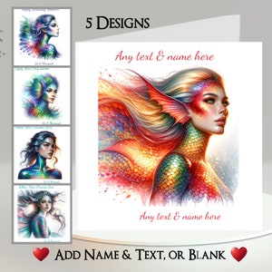 Carte sirène : ajoutez votre texte et votre nom ~ 5 modèles au choix ~ message à l'intérieur ~ sirène, sirène, pirate, poisson, belle femme, écailles, mer