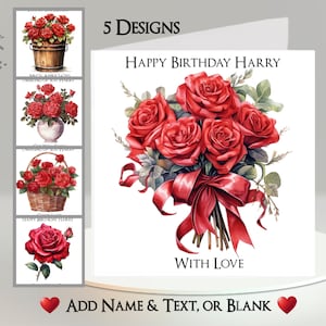 Cartão de Rosa Vermelha: Adicione seu Texto + Nome ~ 5 Designs para Escolher ~ Mensagem Interna ~ Rosas Vermelhas, Flores Vermelhas, Buquê, Floral, Vaso, Fita