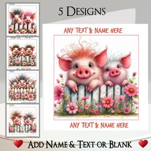 Carte cochon : ajoutez votre texte + votre nom, un message à l'intérieur, 5 modèles. Cochon original, Porcelet, Gros poils, Clôture, Fleurs, Ferme, Cour de ferme, Animaux de la ferme, Drôle