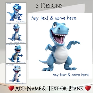 Biglietto di auguri con dinosauro: aggiungi il tuo testo + nome, messaggio interno, 5 design, simpatici dinosauri, blu, T-Rex, preistorico, giurassico, divertente, ridente