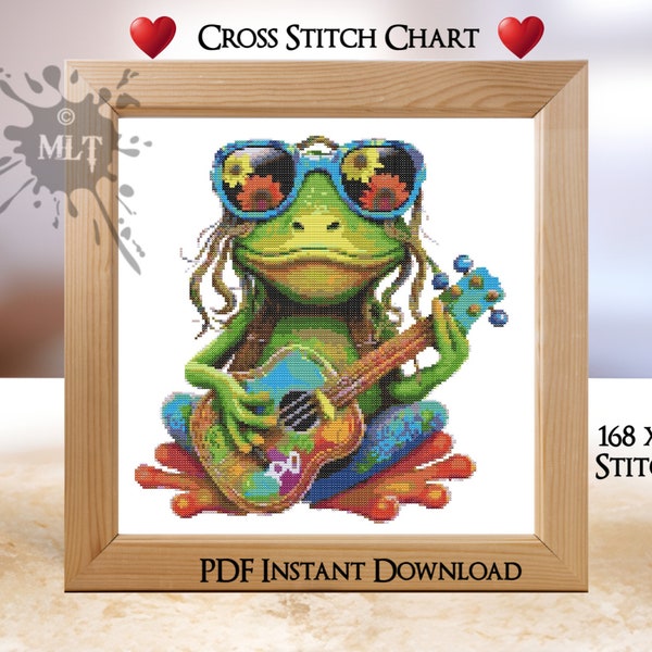 Hippy Frog Counted Cross Stitch Chart: Instant PDF Download.  Coloured and Black & White Chart. Full DMC Floss List. Cute Frog With Guitar