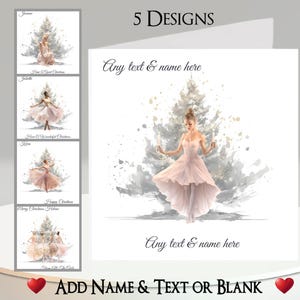 Christmas Ballerina Card: Add Your Text + Name, Inside Message, 5 Designs. Dancer, Ballet, Christmas Tree, Tutu, Ballet Shoes, Dance