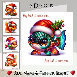 Weihnachtskarte: Fügen Sie Ihren Text + Namen hinzu, Insider-Nachricht, 5 Designs, niedlicher Goldfisch, Fisch, Weihnachtsmütze, Holly, Geschenk, Geschenk, Weihnachtsbaum