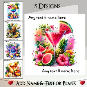 Biglietto d'auguri per cocktail tropicali: aggiungi il tuo testo e nome, messaggio all'interno, 5 design. Bicchiere, bevanda, spiaggia, alcol, melone, cocco, limone, estate, cannuccia.