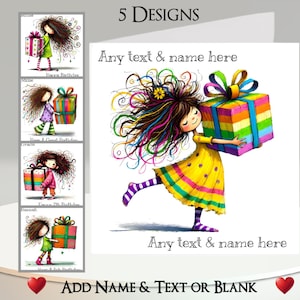 Carte d'anniversaire de fille : ajoutez votre texte et votre nom, message à l'intérieur, 5 modèles, cadeau d'anniversaire, cadeau, original, fantaisiste, dessin, drôle, comique