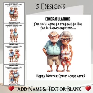 Tarjeta de Divorcio: Añade tu texto + nombre, mensaje interior, 5 diseños. Personalizada, para suegros, padres, ruptura, divorciado, divertida, humorística.