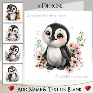 Tarjeta de pingüino: agregue su texto + nombre, mensaje interior, 5 diseños para elegir ~ pingüino, flores, girasol, margarita, lindo, pájaro salvaje, acuático