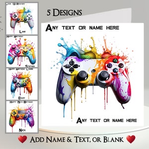 Tarjeta de juego: agregue su texto + nombre ~ Mensaje interior ~ 5 diseños para elegir ~ Controlador de juego, jugador, panel de control, arcoíris, salpicadura de pintura