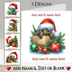 Peut inclure: Carte de vœux de Noël avec une tortue portant un bonnet de Père Noël, entourée de décorations festives. Espace pour texte personnalisé. Le texte '5 DESIGNS' est visible. Autres modèles sont également présentés.