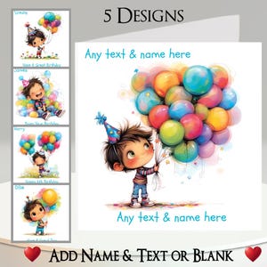 Carte d'anniversaire pour garçon : ajoutez votre texte et votre nom, un message à l'intérieur, 5 motifs. Ballons, Bouquet de ballons, Chapeau de fête, Garçon, Fleurs, Insolite, Fantastique