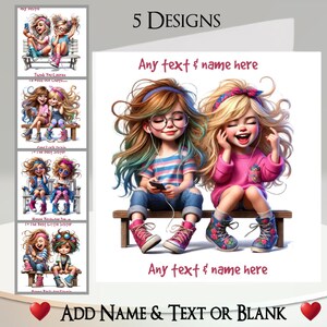 Besties-kaart: naam + tekst, bericht binnenin, 5 ontwerpen. Beste vrienden, zussen, vrienden, eigenzinnig meisje, mobiele telefoon, cel, muziek, lachen