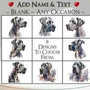 Biglietto d'auguri Alano: aggiungi il tuo testo + nome ~ Messaggio interno ~ Qualsiasi occasione o vuoto ~ Alano, segugio, cane, ritratto di cane, animale domestico, cane
