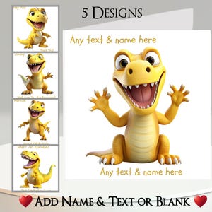 Carte dinosaure : ajoutez votre texte et votre nom, message à l'intérieur, 5 motifs, mignons dinosaures, jaune, T-Rex, préhistorique, jurassique, drôle, riant