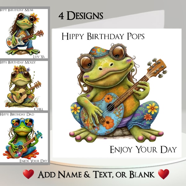 Tarjeta Hippy Frog: Añade tu texto + nombre ~ 4 diseños para elegir ~ Mensaje interior ~ Rana, Guitarra, Hippie, Guitarra, Paz, Flower Power, Años 60