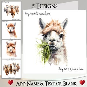 Biglietto lama: aggiungi testo + nome, messaggio interno, 5 disegni tra cui scegliere ~ Alpaca, lama senza dramma, disegno ad acquerello, pacchetto lama