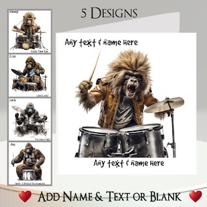 Tarjeta de Mono Tambor: Agrega tu texto + nombre, mensaje interior, gorila, batería, batería, banda de rock, simio musical, música, chimpancé rockero, músico