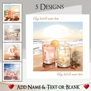 Biglietto d'auguri per drink in spiaggia: aggiungi il tuo testo e nome, messaggio all'interno, 5 design. Tropicale, Sole, Mare, Oceano, Palma, Alba, Tramonto, Cocktail, Tavolo