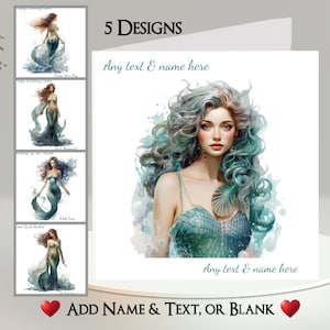 Mermaid Card: Add Your Text + Name ~ 5 Designs To Choose From ~ Inside Message ~ Mermaid, Siren, Pirate, Fish, Beautiful Woman, Scales, Sea
