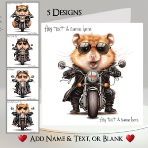 Carte motard hamster : ajoutez votre texte et votre nom ~ message à l'intérieur ~ Hamster sur moto, vélo, moto, motard, test de vélo, balade à vélo, cavalier, mignon