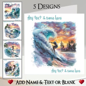 Tarjeta de Surfista: Agrega tu texto + nombre, mensaje interior, 5 diseños. Surf, Mar, Océano, Playa, Deporte acuático, Arena, Playa, Atardecer, Palmera