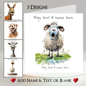 Carte Un animal qui rit : ajoutez votre texte et votre nom ~Message intérieur~ âne, furet, chèvre, oie, mouton, quel âge ?, humour, humour, croquis d'animal, ferme