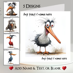 Carte oiseau : ajoutez votre texte et votre nom ~ message à l'intérieur ~ oiseau drôle, oiseau étrange, bec, drôle, humoristique, mignon