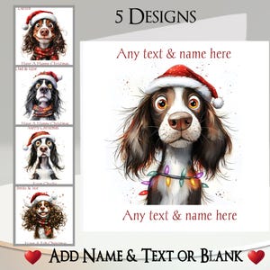 Puede incluir: Tarjetas de felicitación navideñas con ilustraciones de perros con gorros de Papá Noel y bufandas festivas. Las tarjetas tienen espacio para agregar texto y nombres personalizados. Se ven las palabras "5 Designs" y "Add Name & Text or Blank".