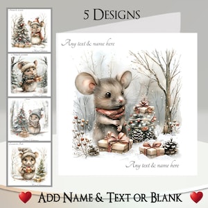 Peut inclure: Cinq modèles de cartes de Noël représentant une souris mignonne tenant un cadeau dans un décor de forêt d'hiver enneigée. Les cartes sont vierges et peuvent être personnalisées avec du texte et un nom. Ajouter un nom et du texte ou laisser vierge.