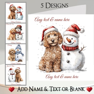 May include: Christmas card design featuring a brown dog and a snowman, both wearing Santa hats and scarves. The card has the text "Any text & name here" and "Add Name & Text or Blank". Five additional designs are shown.