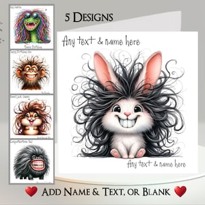 Carte animal étrange : ajoutez votre texte et votre nom ~ message intérieur ~ animaux étranges, crocodile, singe, lapin, tamia, gorille, cheveux longs, drôle