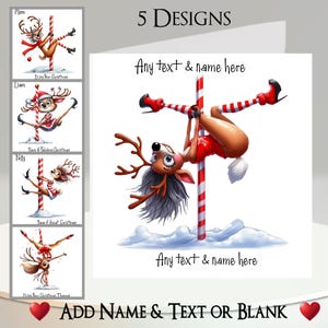 Kerstkaart: tekst en naam toevoegen, bericht binnenin, 5 ontwerpen, rendier, hert, ree, gewei, noordpooldansen, danseres, dans, grappig