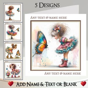 Carte fille papillon : ajoutez votre nom + texte, message à l'intérieur, 5 modèles. Fille originale, Papillons, Insectes, Fleurs, Printemps, Jardin, Bottes, Mignon