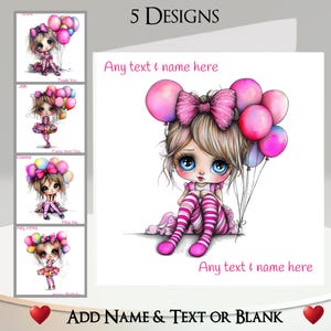Carte fille ballon rose : ajoutez votre nom + texte, message à l'intérieur, 5 modèles, fille originale, bouquet de ballons, joyeux, fêter ça, drôle, humour