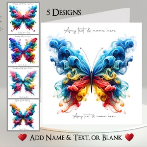 Schmetterlingskarte: Fügen Sie Ihren Text + Namen ~ Innere Nachricht ~ Farbspritzer Schmetterling, Aquarell Schmetterling, Flügel, Insekt, helle Farben
