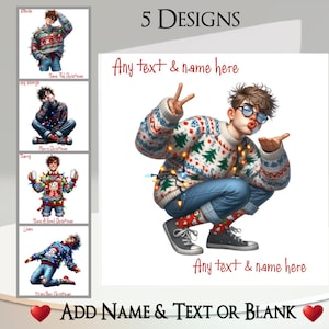 Peut inclure: Carte de Noël avec un design d'une personne portant un pull de fête, un jean et des baskets. La carte comprend le texte "Any text & name here" et "Add Name & Text or Blank". Le design est disponible en 5 styles.