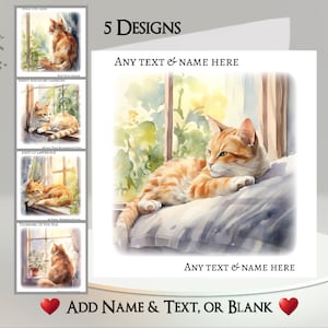 Katzenkarte: Fügen Sie Ihren Text + Name hinzu ~ 5 Designs zur Auswahl ~ Innere Nachricht ~ Ginger Cat, süße Katze, Feline, Haustier, Fensterbank, Kissen, Kissen