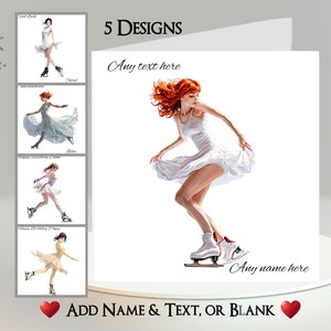 Biglietto di auguri per pattinatrice sul ghiaccio: aggiungi il tuo testo + nome, messaggio interno, 5 design, pattinatrice artistica, ragazza che pattina sul ghiaccio, pattini da ghiaccio, danza sul ghiaccio, pista di pattinaggio, sport