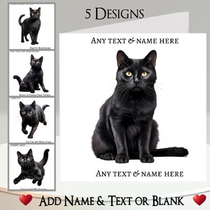 Tarjeta de gato: Añade tu texto + nombre, mensaje interior, 5 diseños. Gato negro, gato lindo, mascota, felino